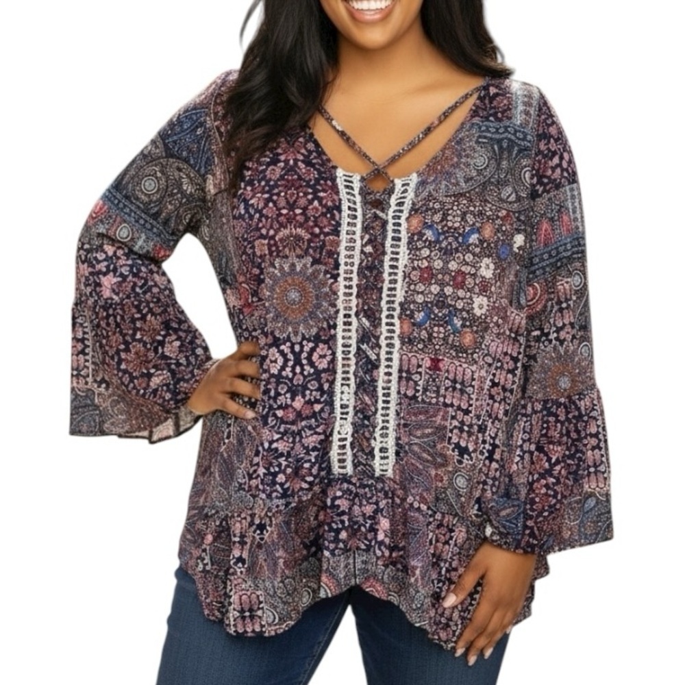 Artesia XL Boho Long Sleeve Mixed Media Crochet Floral Paisley Shirt Long Length
